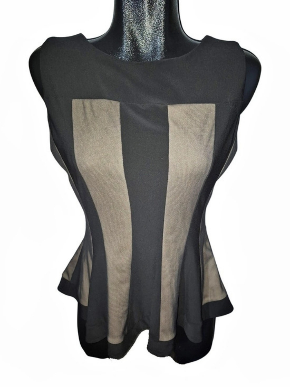 Joseph Ribkoff Sleeveless Black & Tan Colorblock Mesh Panel Peplum Top Size 12